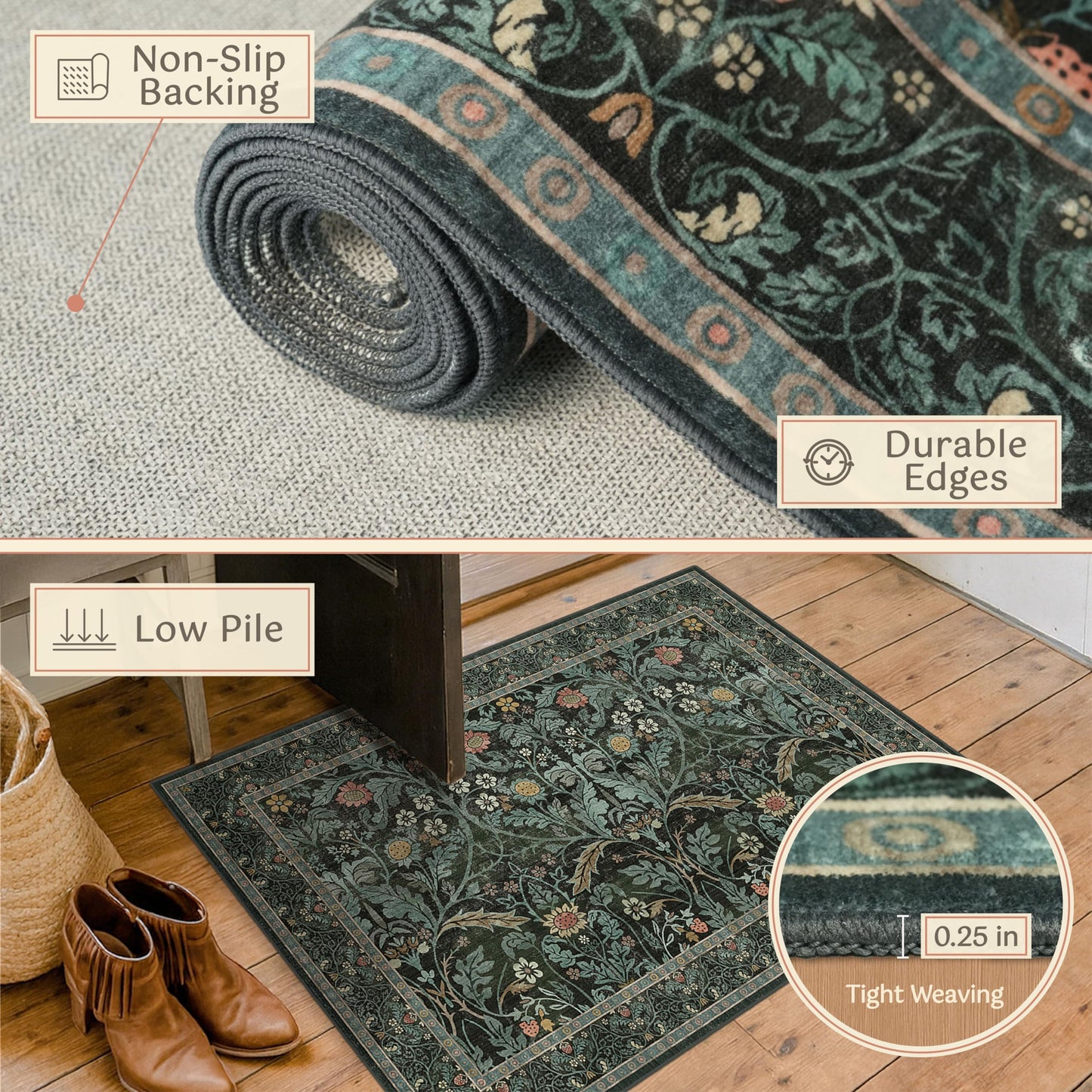 Washable Rugs for Living Room Dining Room 6x9 Stain Resistant - Non Skid Floral Area Rug, Low Pile & Soft Bedroom Under Bed Carpet, Botanical Funky Dark Green Mats