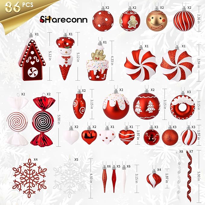 SHareconn 86pcs Christmas Tree Balls Ornaments, Shatterproof Plastic Decorative Baubles for Christmas Tree Decorations, Holiday Wedding Party Decoration, Festive Ornaments, Red White