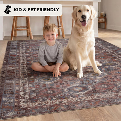 Kuden 6x9 Area Rug, Machine Washable Area Rug with Non-Slip Backing, Vintage Style, Soft, Easy Clean, Low Pile Rug for Living Room, Bedroom, Dining Room