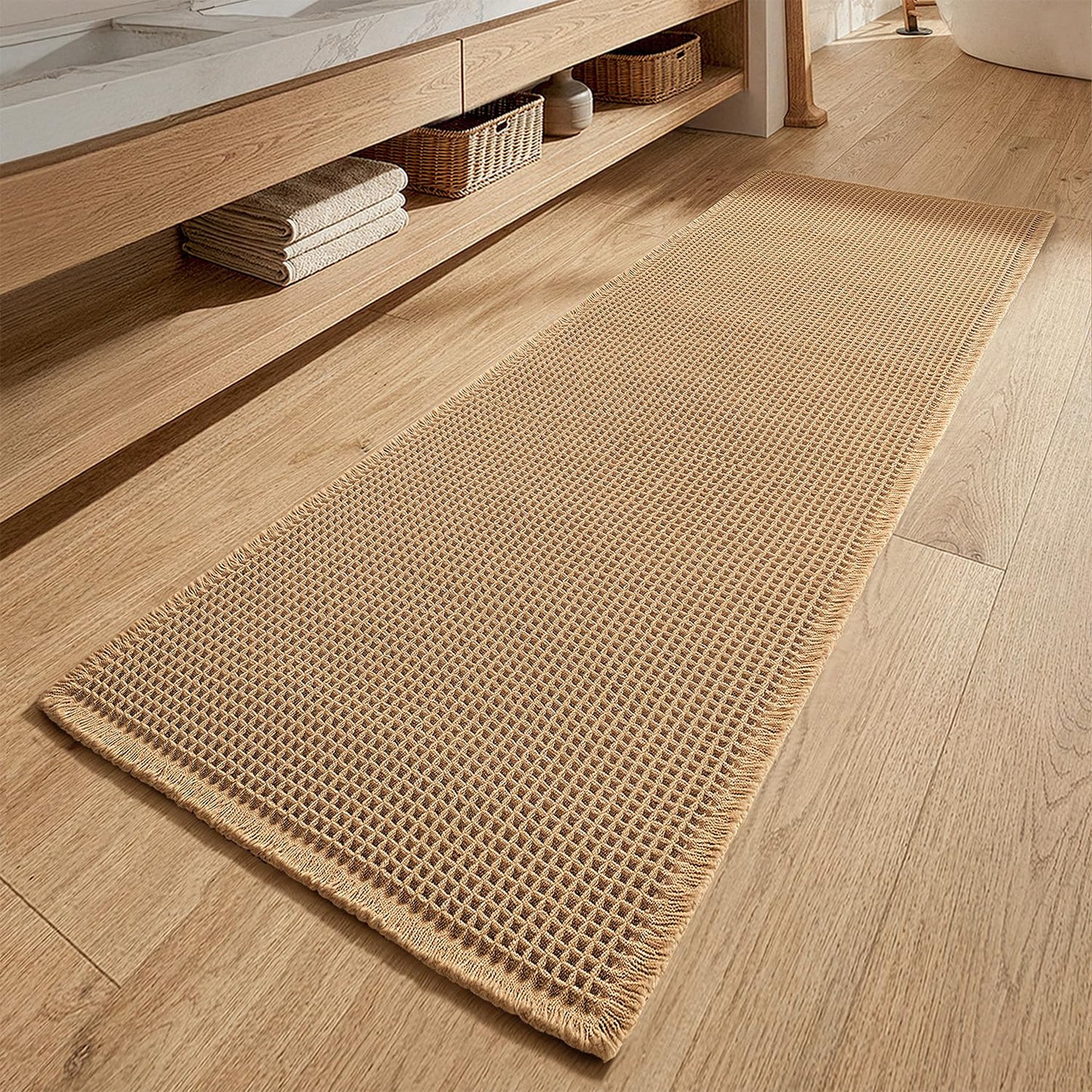 MIULEE Waffle Bathroom Runner Rugs, Super Absorbent Non Slip Bath Rug, Upgraded Soft Quick Dry Washable Boho Large Bath Mat with Tassels for Hallway Laundry Room Bedroom, 2'x5' (24"x60"), Brown