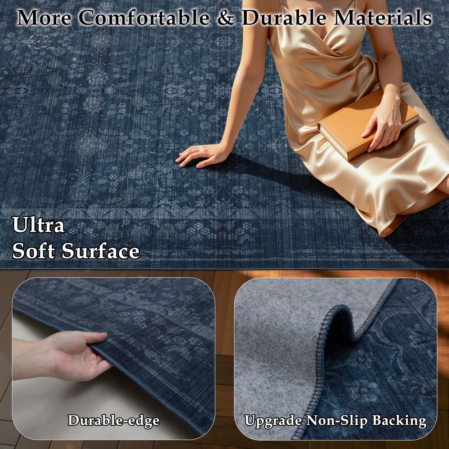 Ruaruarug Area Rug 8'×10', Non Slip Machine Washable Ultra Soft Stain & Fade Resistant, Pet & Kids Friendly, for Living Room/Bedroom/Kitchen/Classroom, Dark Blue