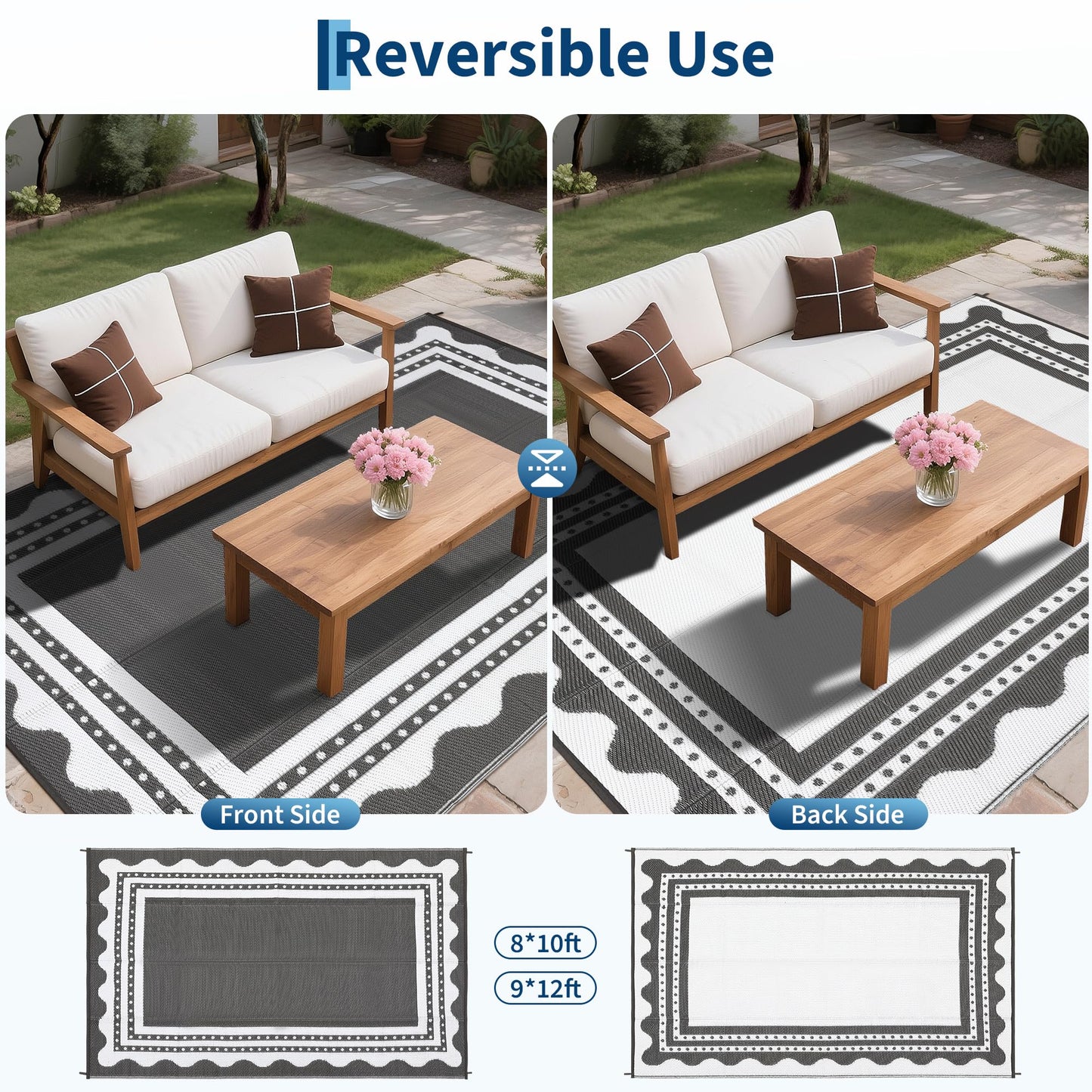 IDEALHOUSE Waterproof Outdoor Rug 9x12 for Patio, Reversible Modern Area Rug, Large Plastic Straw Mat for Camping, RV, Porch, Backyard, Deck, Picnic, Beach, Grey & White