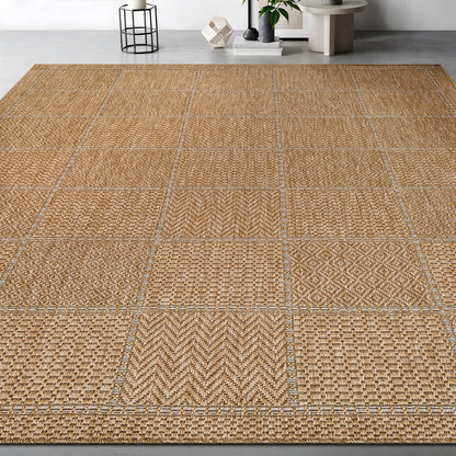 Beverly Rug Easy Jute Checkered Squared Rug 10x14 Washable Large Indoor Outdoor Area Rugs for Living Dining Room Patio Office Stain Resistant Non Shedding Casual Indoor Outside Carpet 10 x 14 Natural