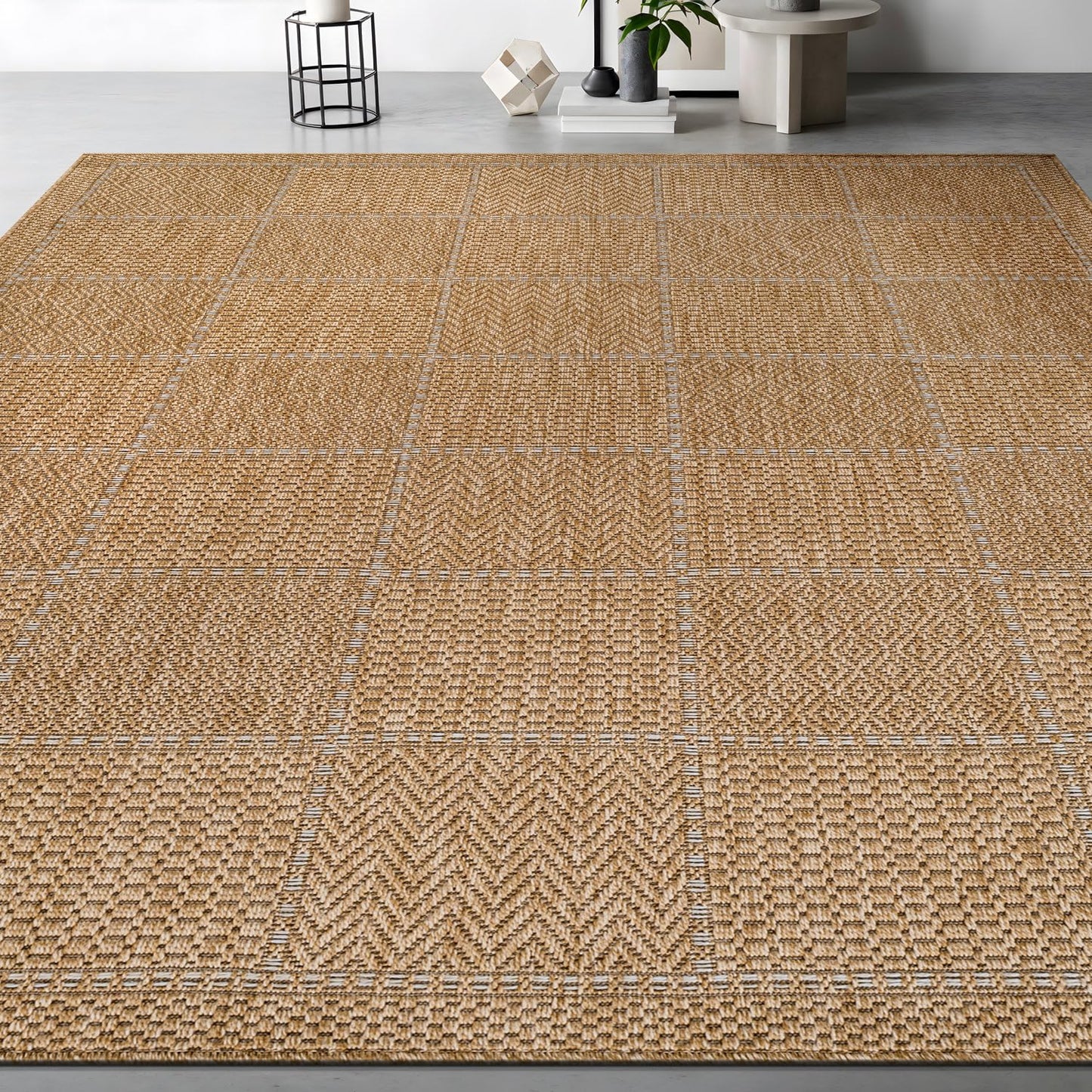 Beverly Rug Easy Jute Checkered Squared Rug 6x9 Washable Durable Indoor Outdoor Area Rugs for Living Dining Room Patio Office Stain Resistant Non Shedding Casual Indoor Outside Carpet 6 x 9 Natural