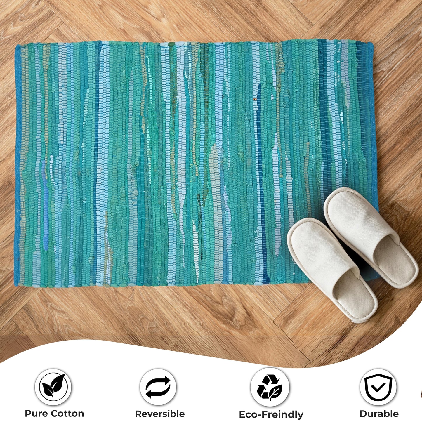 Cotton Hand Woven Chindi Rug 2x3 Feet - Teal, Reversible Accent Front Door Mat Ideal for Kitchen, Entryway, Laundry Room | Green Durable Farmhouse Indoor Outdoor Floor Rag Rugs Ideal for Kids Space