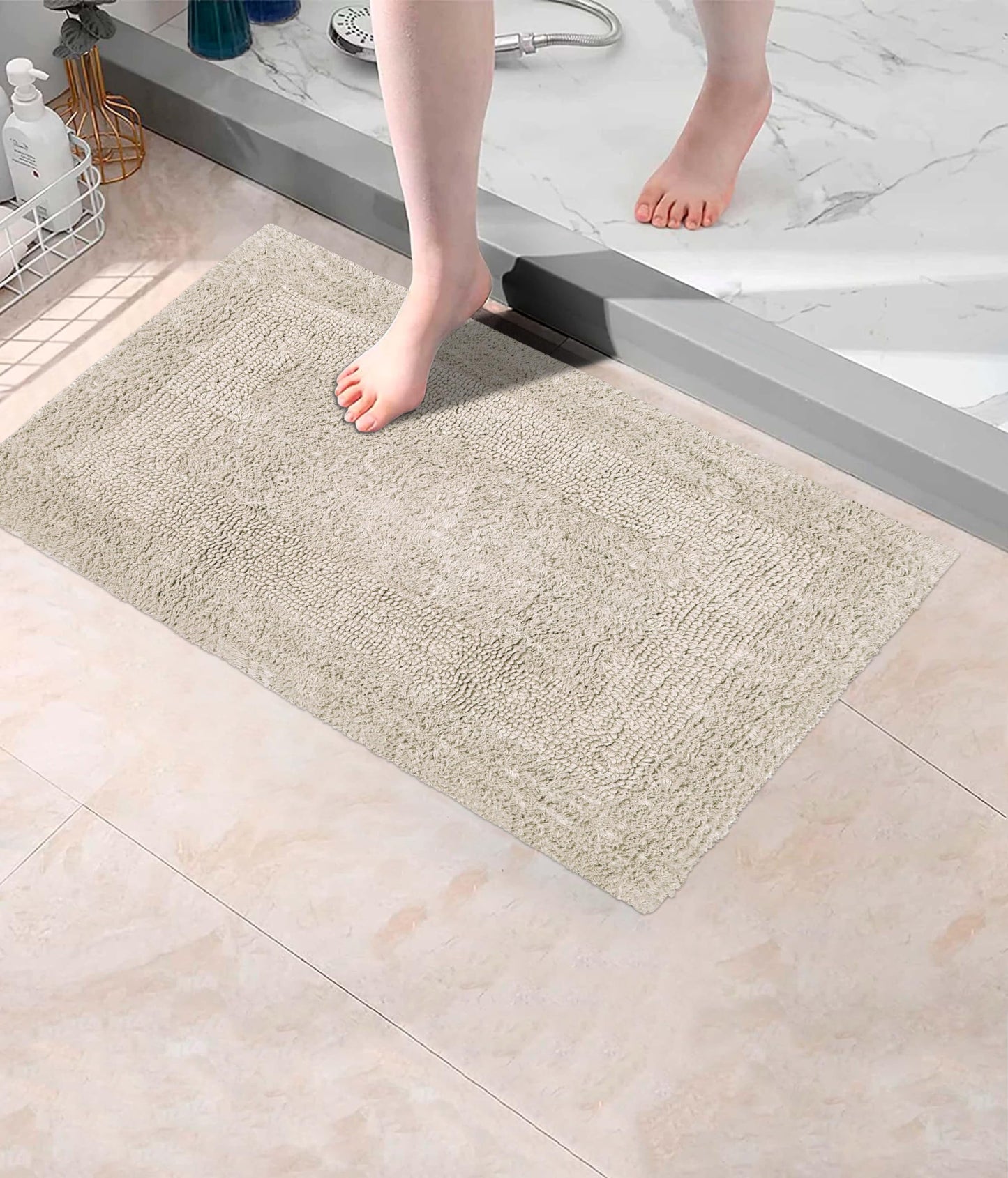 COTTON CRAFT Luxurious Bath Mat Rug - Set of 2 Reversible Heavyweight Step Out Bath Mats for Bathroom Floor, Tub and Shower - Pure Cotton Soft Plush Absorbent Tufted Racetrack Mat - 17x24 inch - Linen