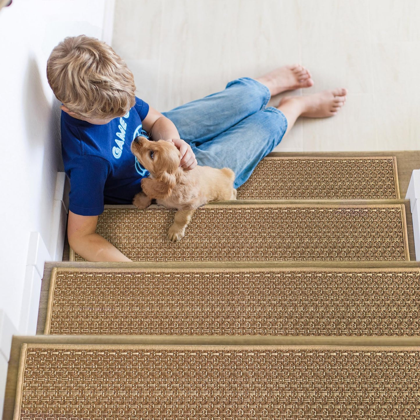 Braided Stair Treads Faux Jute,Non-Slip Stair Runners for Wooden Steps,Indoor,Farmhouse,15PCS 30"x8",Neutral Peel and Stick Stairs Carpet for Kids,Elders and Dogs,Stair Covers,Tan Brown