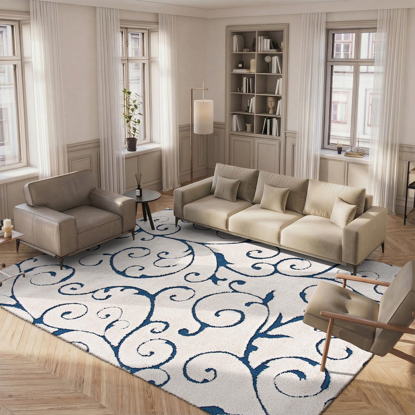 SAFAVIEH Florida Shag Collection Area Rug - 5'3" x 7'6", Cream & Blue, Scroll Design, Non-Shedding & Easy to Clean, High-Low Plush Pile, Ideal for Living Room, Bedroom, Dining Space (SG455-1165)
