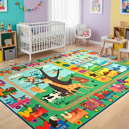 Maxsoft Kids Rug for Playroom, Educational 4x6 Play Mat for Classroom, Washable Playmat for Learning ABC Alphabet Animal Season Shapes Numbers Daycare Rug for Kids Room Nursery Children Toddler