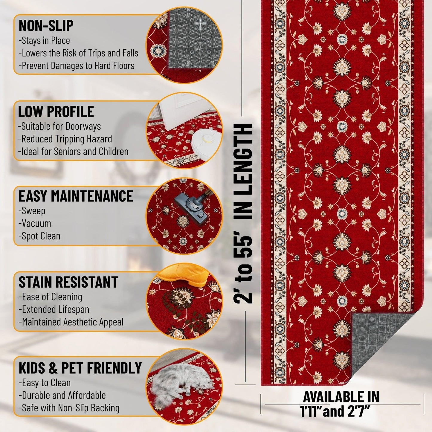 Ottomanson Hallway Runner Rug 2'7" x 10' – Soft Non-Slip Rug, Low Pile Carpet for Entryway, Kitchen & Long Hallways in Apartments and Homes, Mahal Red