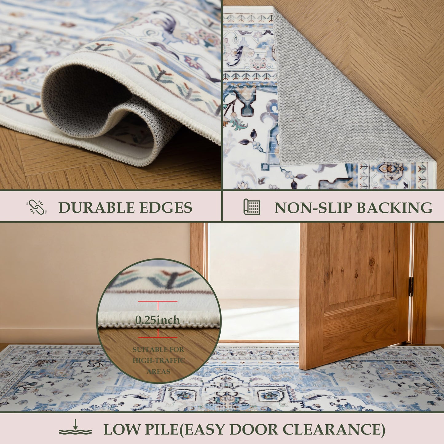 KENODITAN 9x12 Area Rug Living Room Rugs, Stain Resistant Washable Rug, Vintage Large Non-Slip Backing, Low Pile Lightweight Print Rug for Bedroom Dinning Room Home Office (White/Blue)