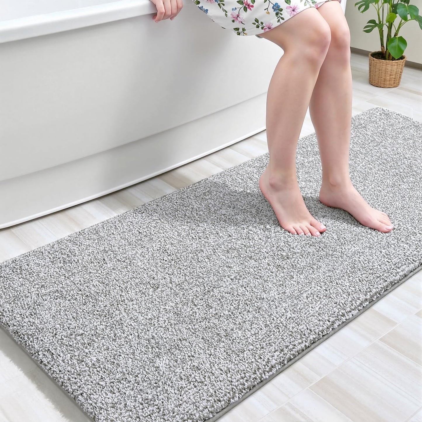 Bathroom Runner Rug 24x60 Inch, Soft Absorbent Long Bathroom Rug for Shower Floor, Non Slip Washable Bath Rugs, Plush Thick Microfiber Large Bath Mat for Tub Double Sink Vanity, Light Grey and White