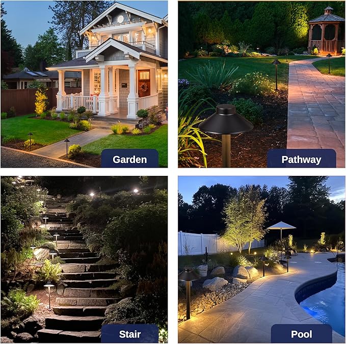 Gardenreet 12v Landscape Lighting Brass - Low Voltage Pathway Lights IP65 Waterproof, Hard-Wired Path Light Outdoor, Mushroom-top Black for Exterior Area Patio House G4 Bulb Not Included (4 Pack)
