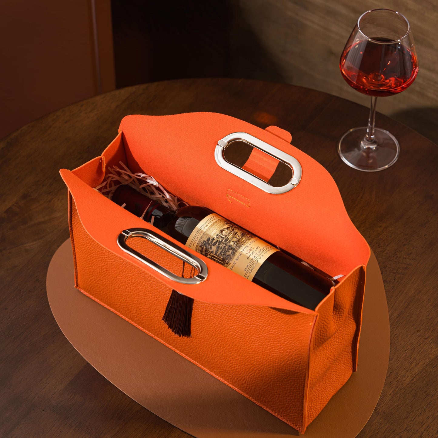 HiCrast Orange Leather Wine Tote Bag – 13x11x4 inch Portable Wine Carrier with Built-In Divider for 1-2 Bottles, Elegant Wine Travel Bag and Double Wine Gift Bag for Weddings, Parties & Picnics