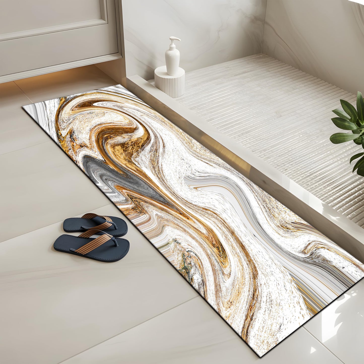 FNLNDO White and Gold Bathroom Rugs Marble Long Runner Rug Bath Mats Gold Bathroom Decor Absorbent Non Slip Shower Mats with Rubber Backing for Home Laundry (17"x 47", White Marble Print)