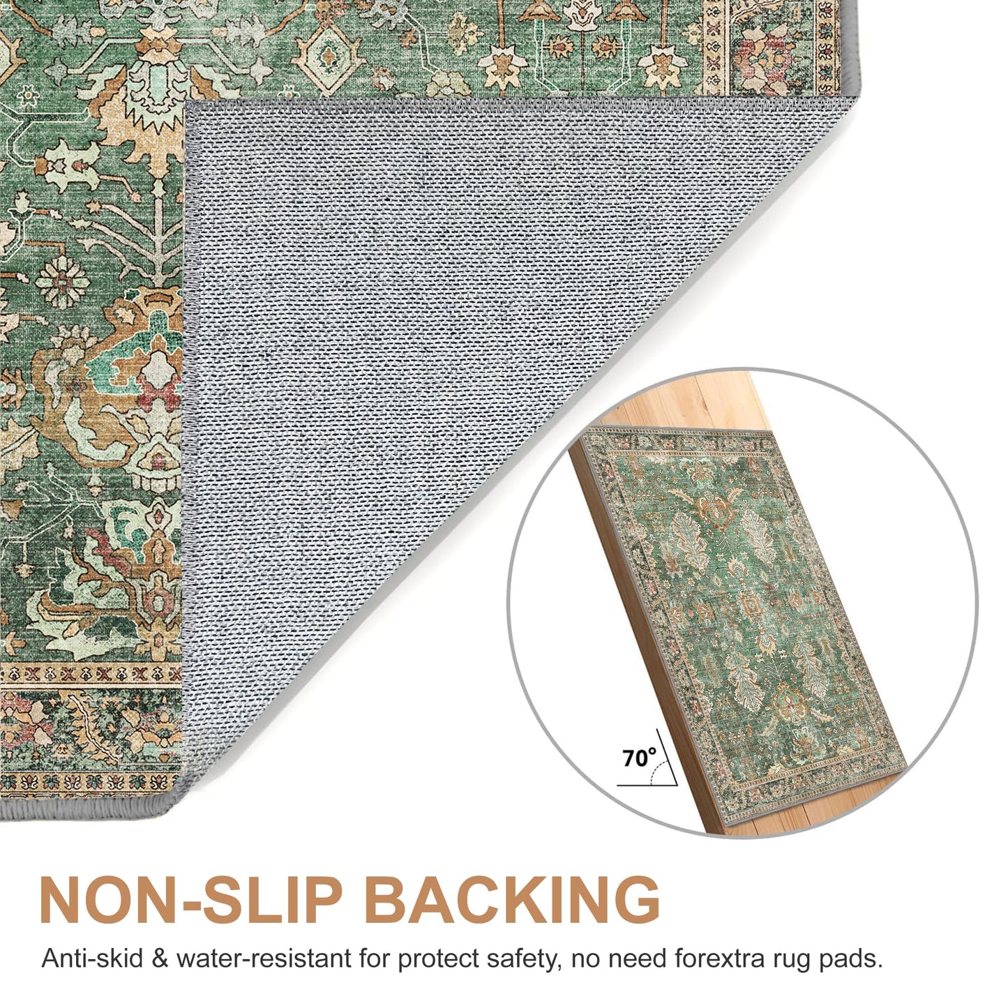 Bavni Washable Area Rugs 8x10 Green Boho Rug Tumble Vintage Large Carpet for Living Room Bedroom Dining Room, Non Slip Thin Low Pile Chenille, Dark Sage/Gold