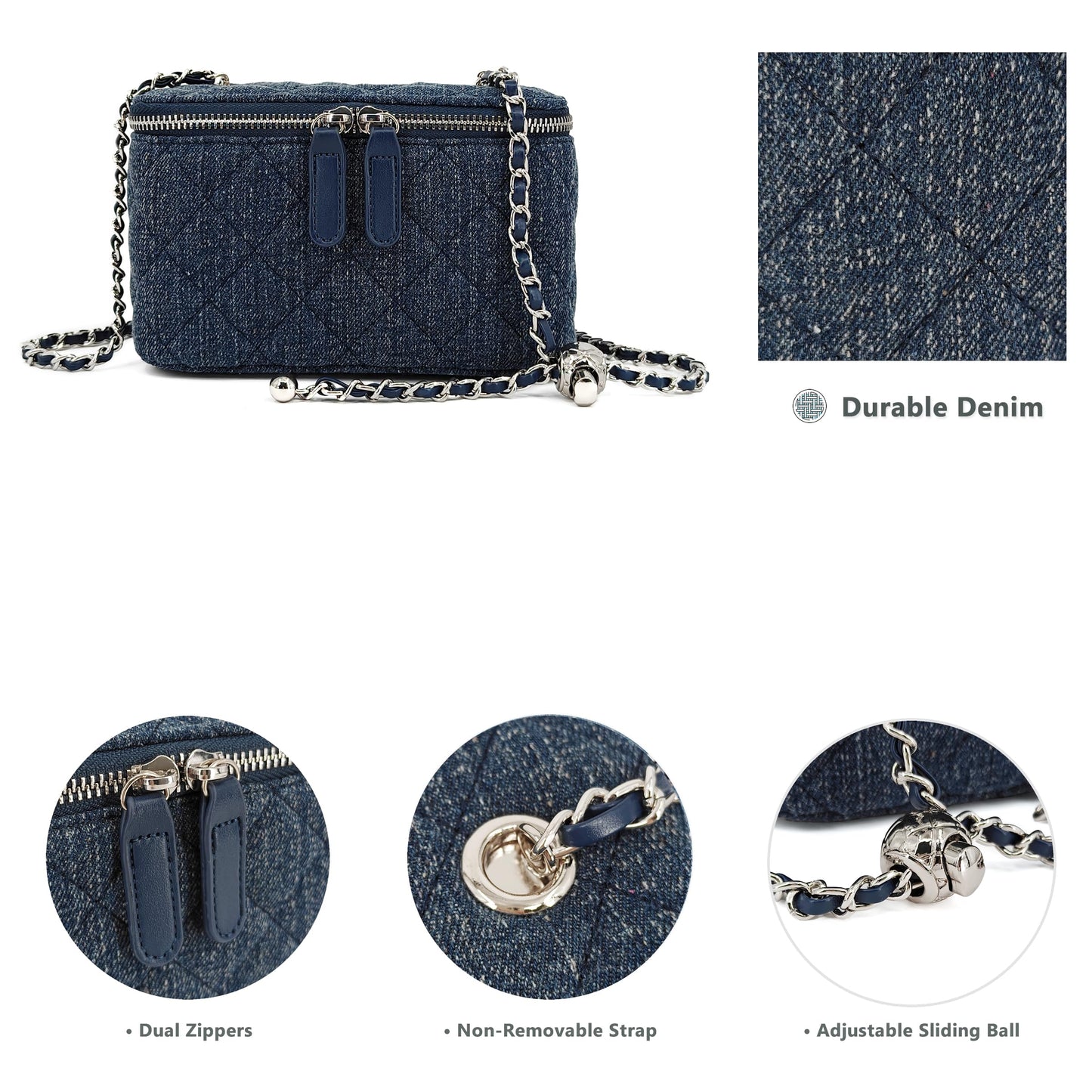 M-ioi-M Quilted Denim Crossbody Bag for Women, Retro Textured Small Jean Purse with Adjustable Silver Chain Strap, Casual Boxy Pouch Shoulder Handbag, Classic Designer Vanity Case Purse (Slub Indigo)