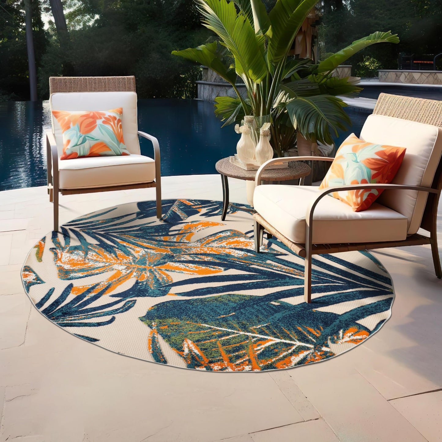 Rugshop Tropical Floral Leaves Indoor/Outdoor Area Rug Durable Polypropylene, Non-Shedding, Easy to Clean, Perfect for Patio, Backyard, Deck and Outdoor Lounge, High Traffic Areas, 8' Round