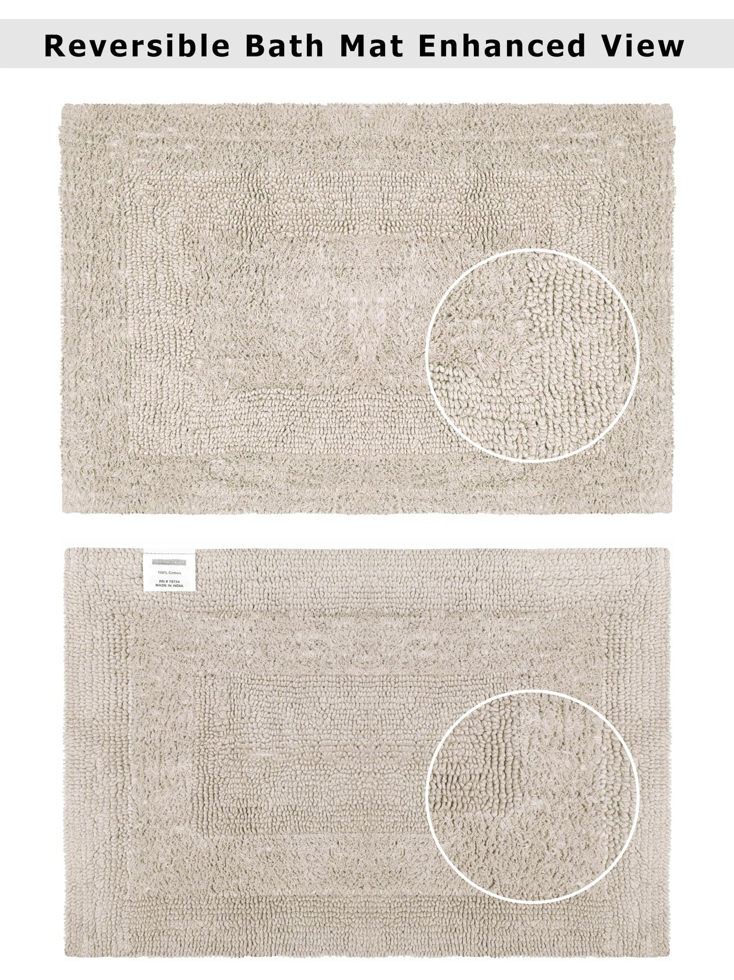 COTTON CRAFT Luxurious Bath Mat Rug - Set of 2 Reversible Heavyweight Step Out Bath Mats for Bathroom Floor, Tub and Shower - Pure Cotton Soft Plush Absorbent Tufted Racetrack Mat - 17x24 inch - Linen