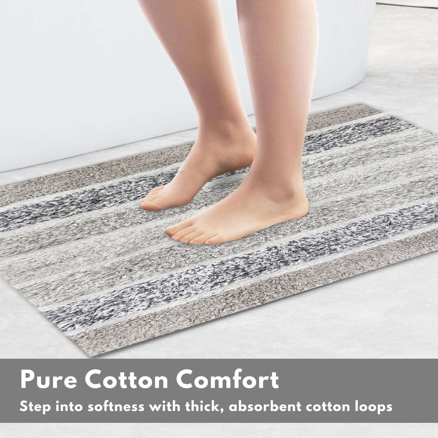Ramanta Home Alpine Stripe 100% Cotton Bath Rug Set of 2 - Light Grey, Non Slip Soft Absorbent Bath Rug Set for Bathroom, Kitchen, Machine Washable Floor Mats - 21x32 & 17x24 Inch