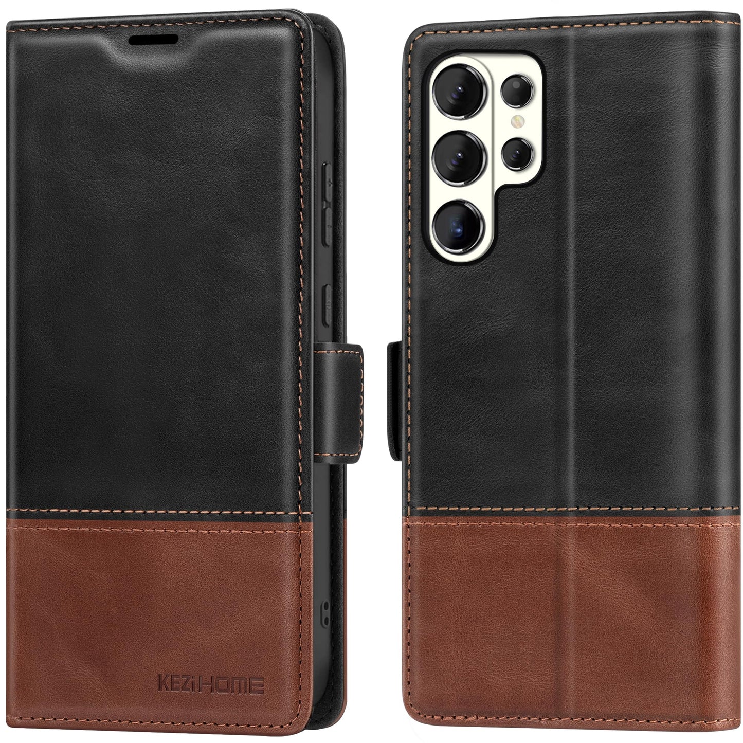 KEZiHOME Case for Galaxy S26 Ultra, Genuine Leather Wallet Case [RFID Blocking] Card Holder Kickstand Magnetic Protective Phone Folio Cover Compatible with Galaxy S26 Ultra 6.9"(Black/Brown)