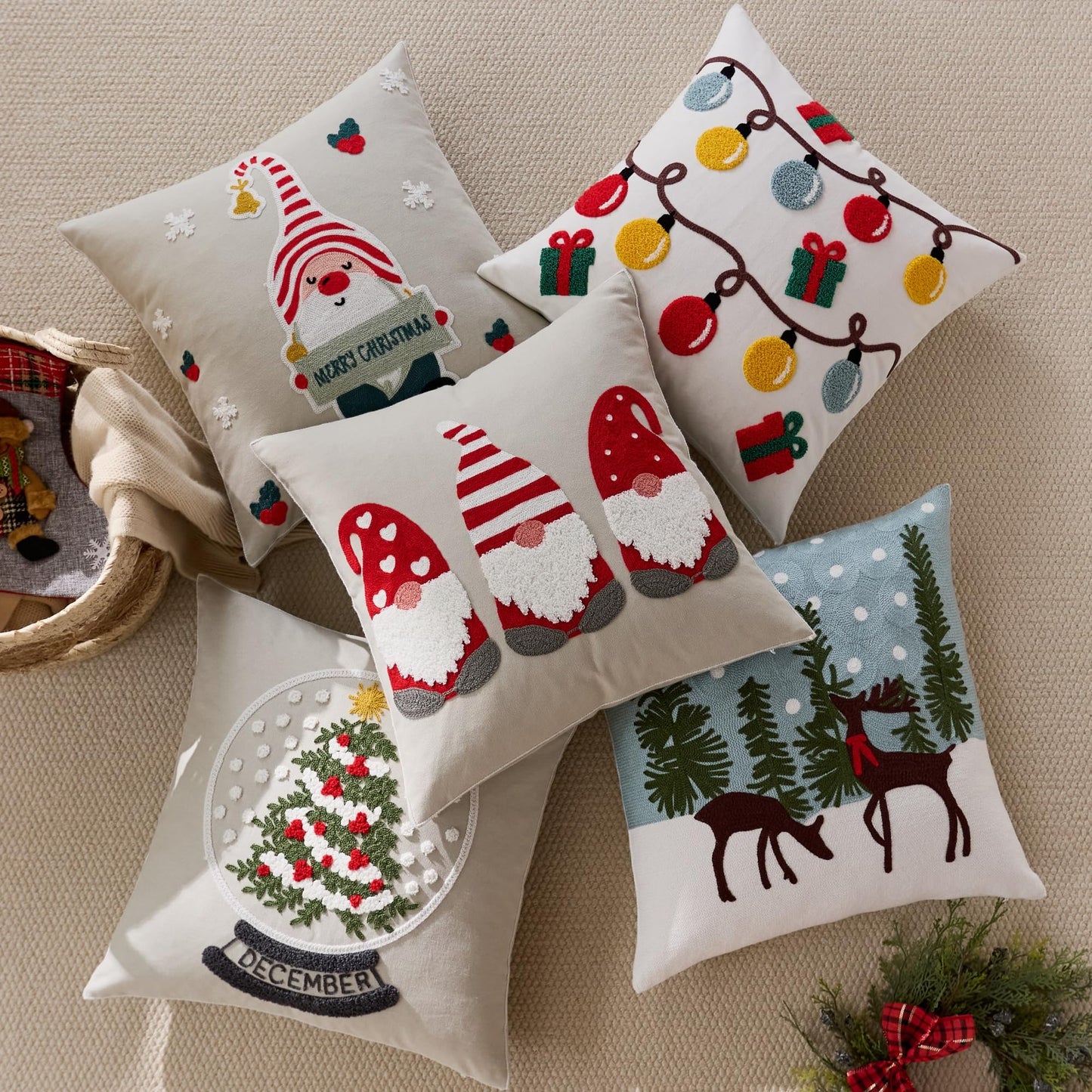 Farmhouse Christmas Pillow Covers 18x18 Set of 2, Xmas Embroidered Throw Cushion Cases with Festive Patterns for Rustic Home Holiday Decor (Gnome Trio White, 18" x 18" (Pack of 2))
