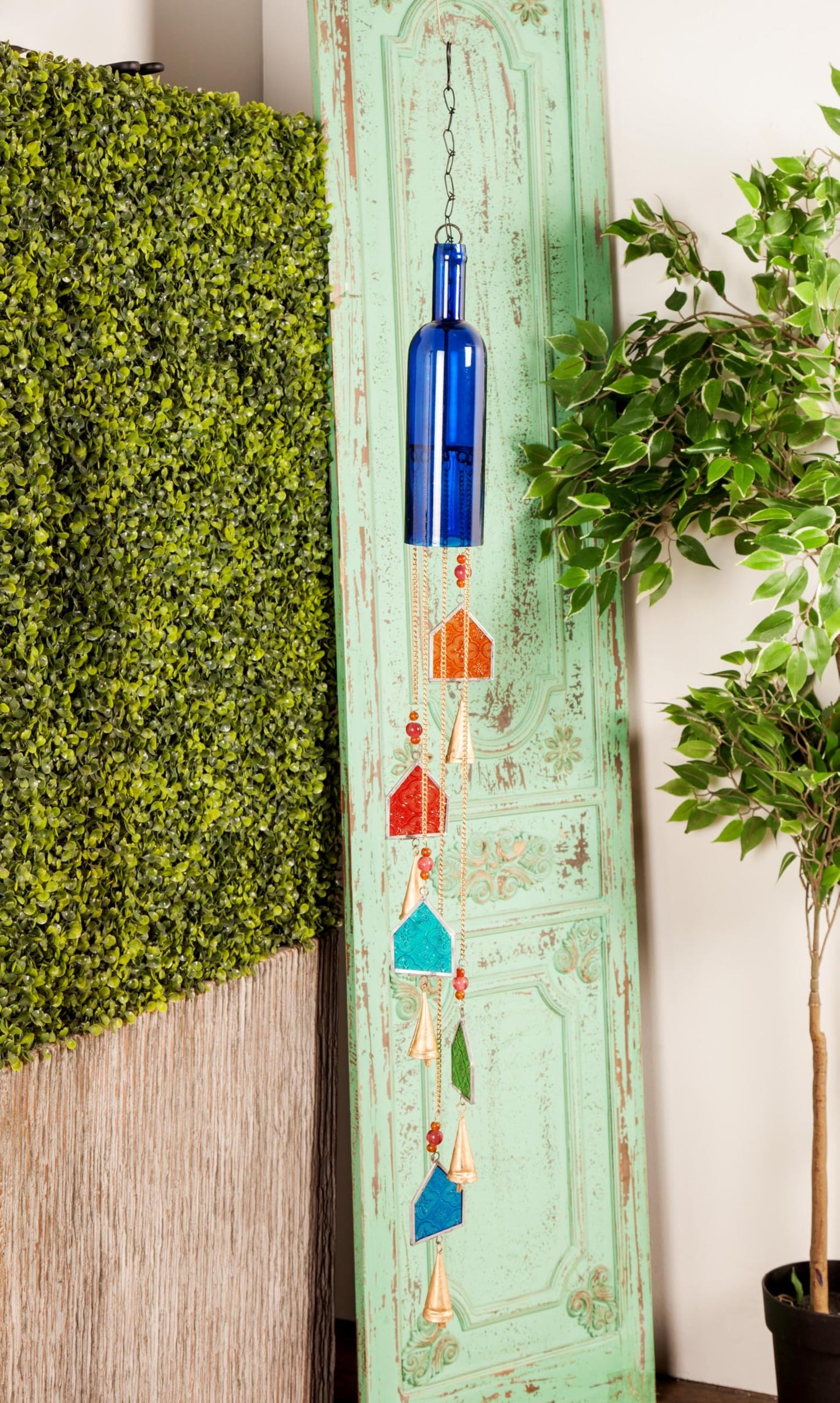 Deco 79 Glass Glass Bottle Windchime with Beads and Cone Bells, 3" x 3" x 41", Blue