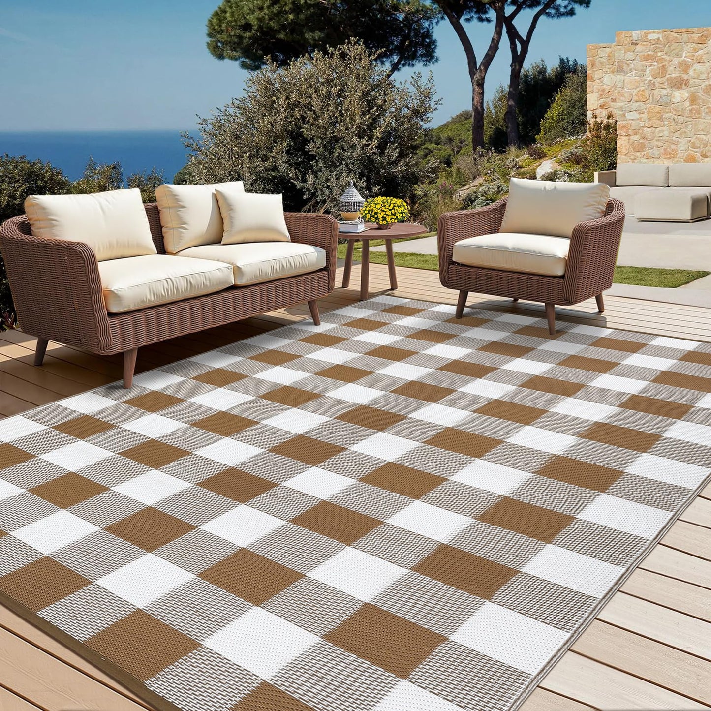 COZYLOOM Outdoor Plastic Straw Rug 8x10 Waterproof Outdoor Patio Rug Geometric Champing Rug Checkered Outdoor Carpet Reversible Rug for Rv Baclony Picnic Backyard Deck Porch Beach, Brown