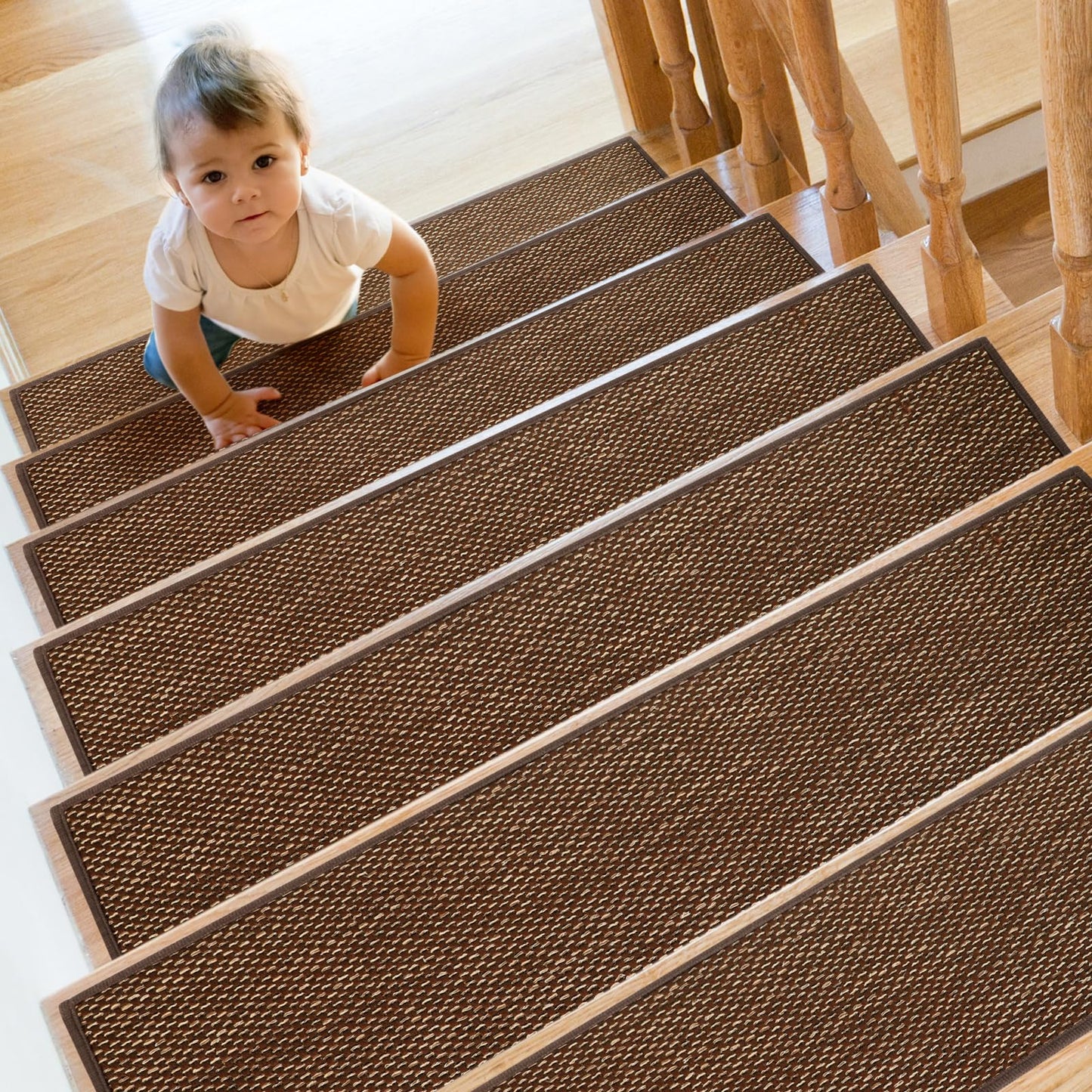 SMILOOL Stair Treads Non Slip for Wooden Steps Indoor 9" x 30" 4 Pack Extra Wide Stair Tread Carpet Stairs Runner, Step Pads with Reusable Adhesive for Dogs Kids Elders, Machine Washable, Brown