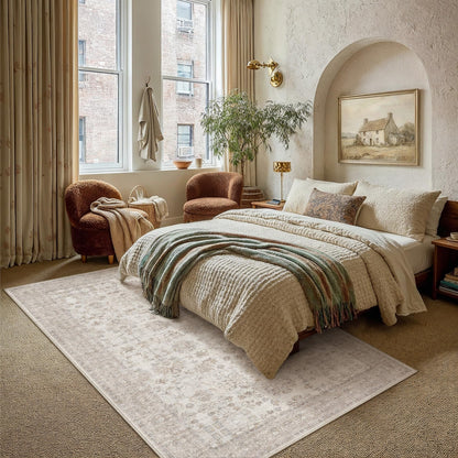 PureCozy 8x10 Living Room Area Rug Beige Washable Vintage Carpet Non Slip Low Pile Bedroom Traditional Distressed Large Throw Retro Rug for Dining Room Home Office