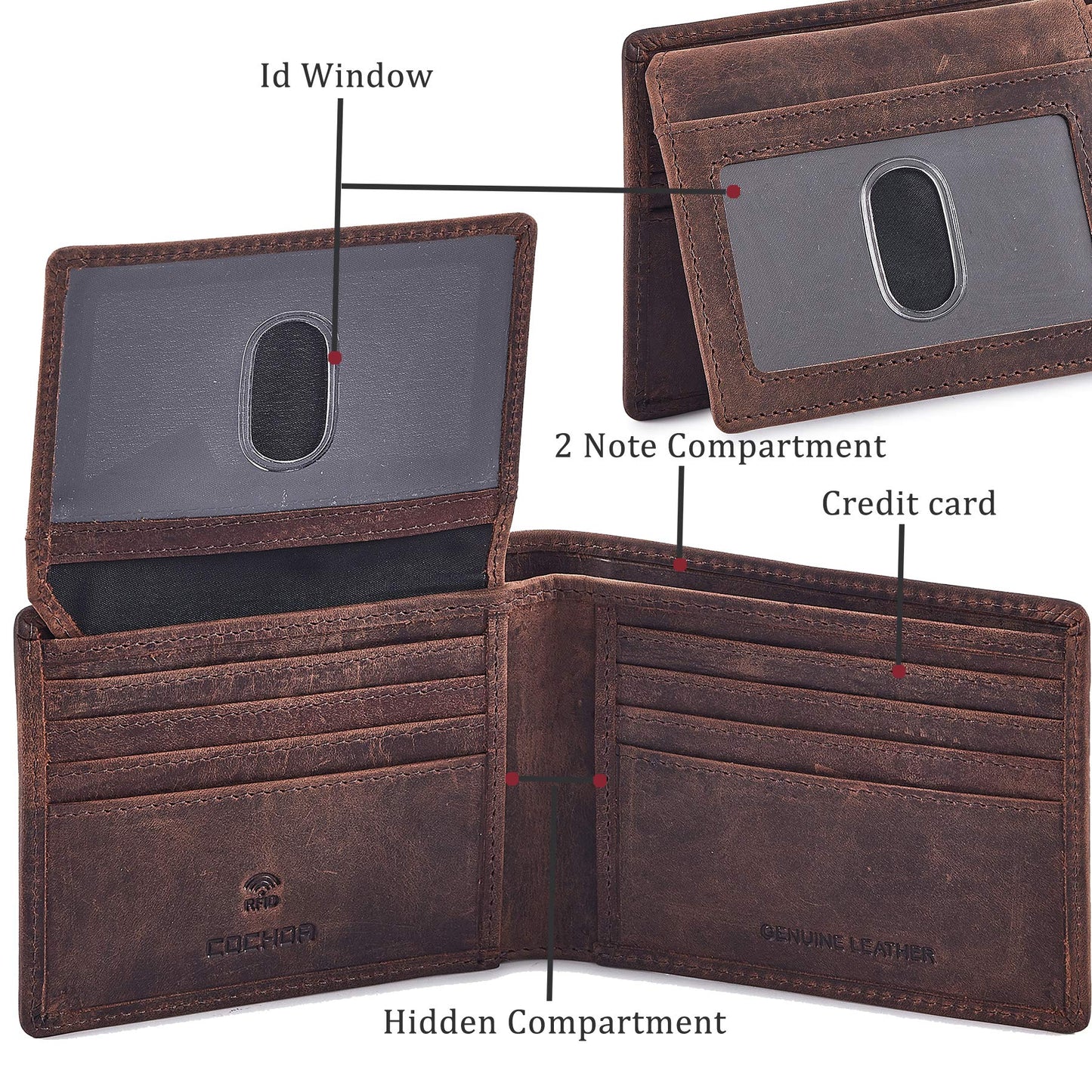 Wallet for Men Slim RFID Blocking Leather Bifold Minimalist 2 ID Windows Gift Box Carteras Para Hombres (CRAZY HORSE, COGNAC)
