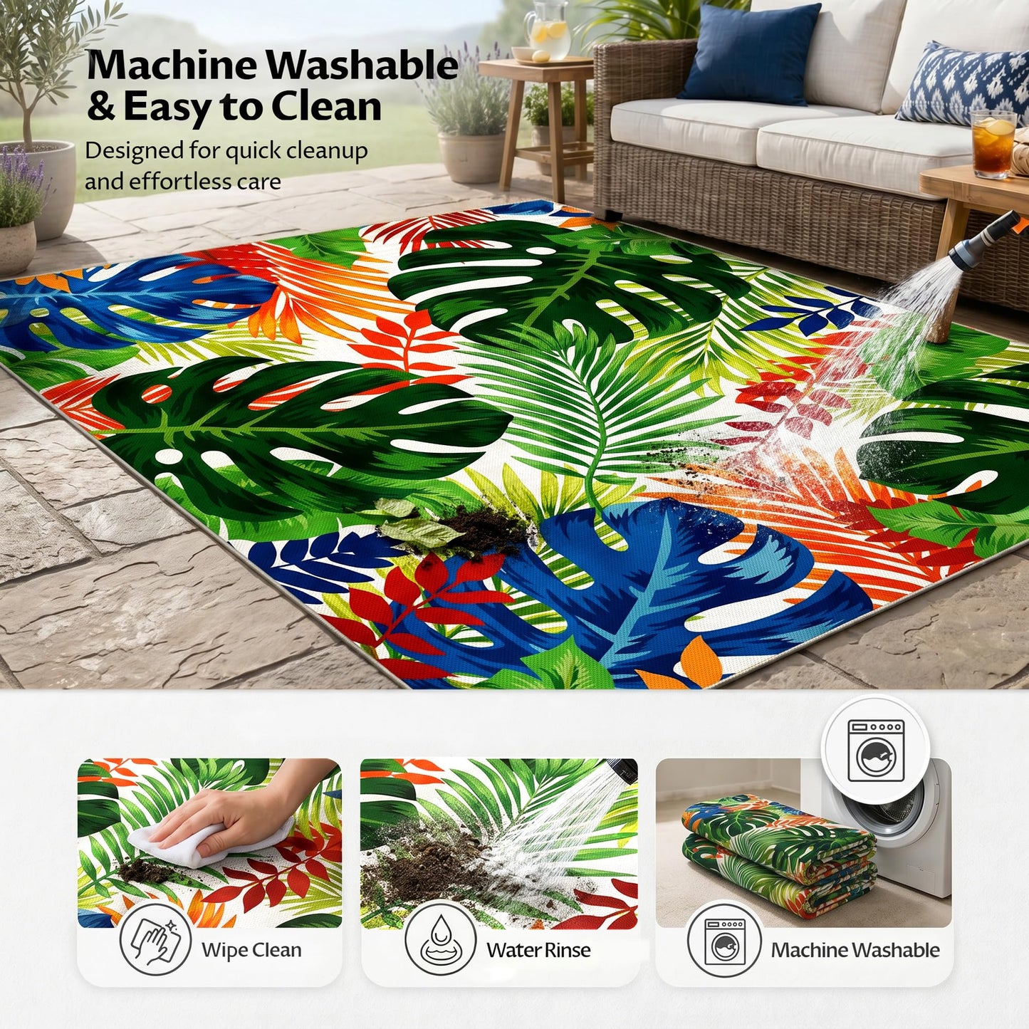 Arenarug 8x10 Monstera Tropical Outdoor Rug – Waterproof Non-Slip Machine Washable Patio Rug, UV & Stain Resistant Outdoor Carpet for Patio Deck Balcony Backyard, Colorful