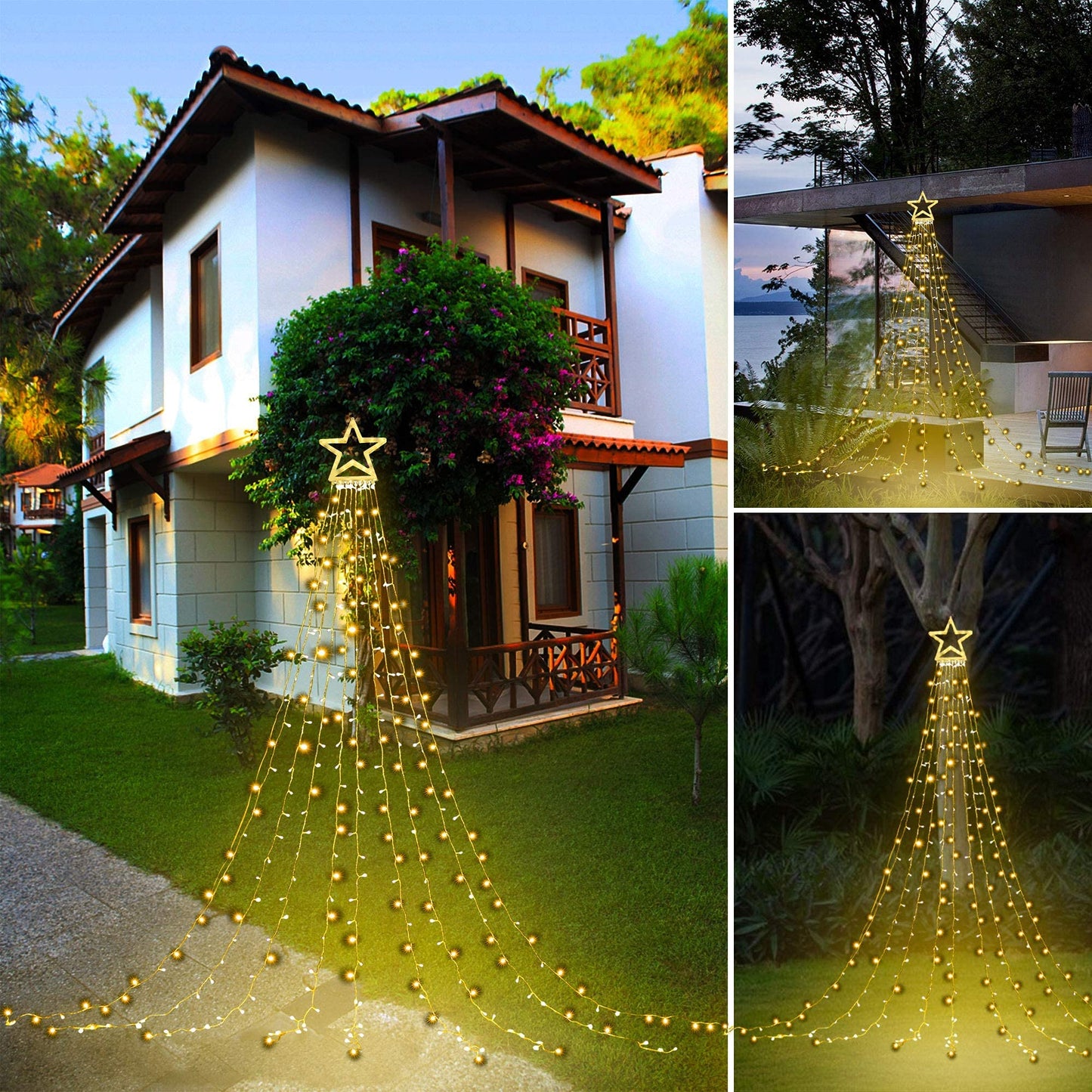 PUHONG Christmas Decoration, Outdoor Star String Lights, Christmas Tree Toppers Lights 320 LED 8 Modes with 12" Lighted Star for Halloween Christmas New Year Holiday Birthday Decor (Warm White)