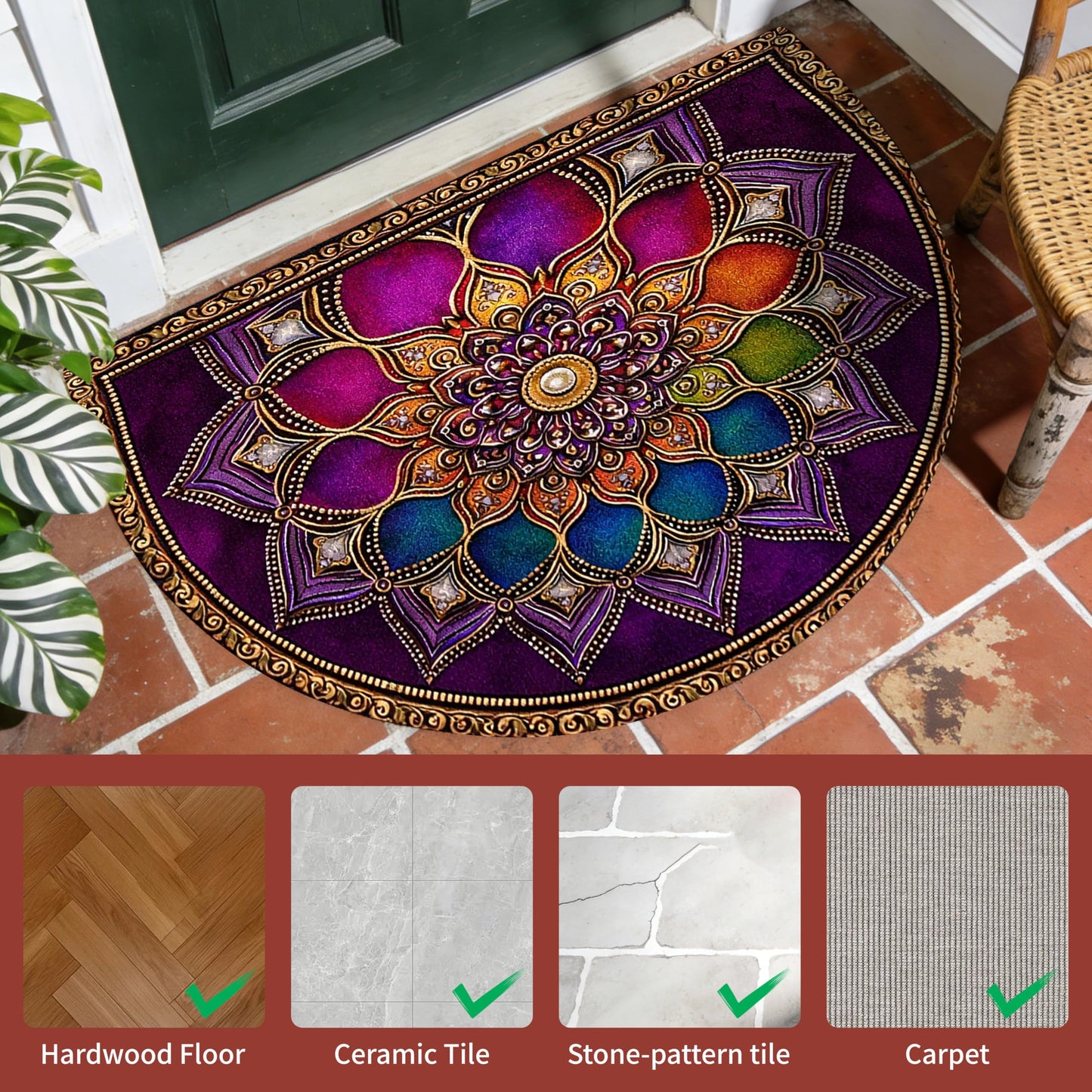 Half Circle Door Mat 24"x36" Non-Slip Washable Welcome Mat, Pinkish-Purple Datura Low Profile Front Door Mat Semicircular Entrance Doormat, Dirt Trapper Floor Mat for Indoor Outdoor Entryway Patio