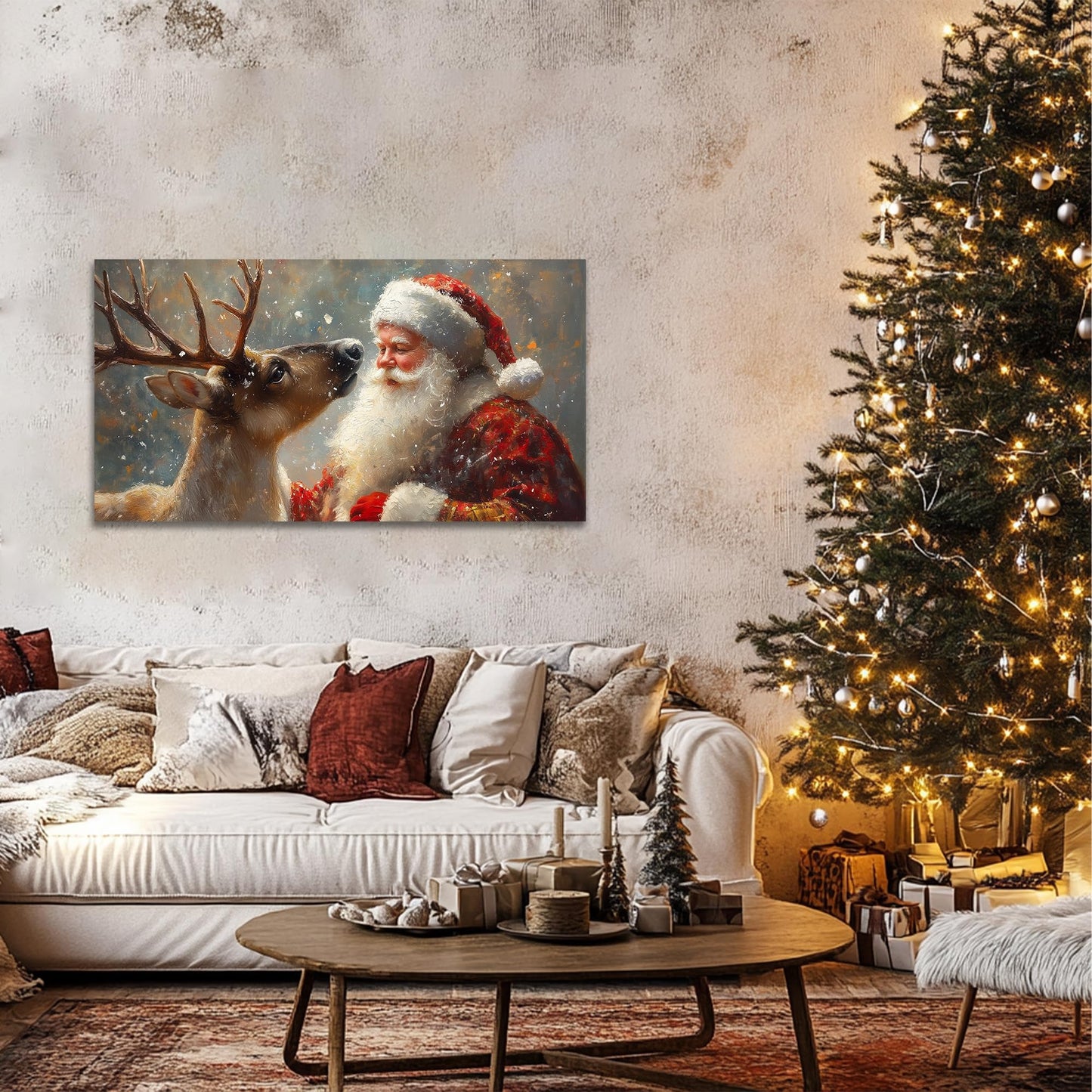 GUTTATY Christmas Canvas Wall Art, Santa and Reindeer Winter Scene, Holiday Canvas Wall Decor, Festive Snowy Wall Paintings, Christmas Poster Print for Living Room, Office, Indoor Party, 32x16 Inch