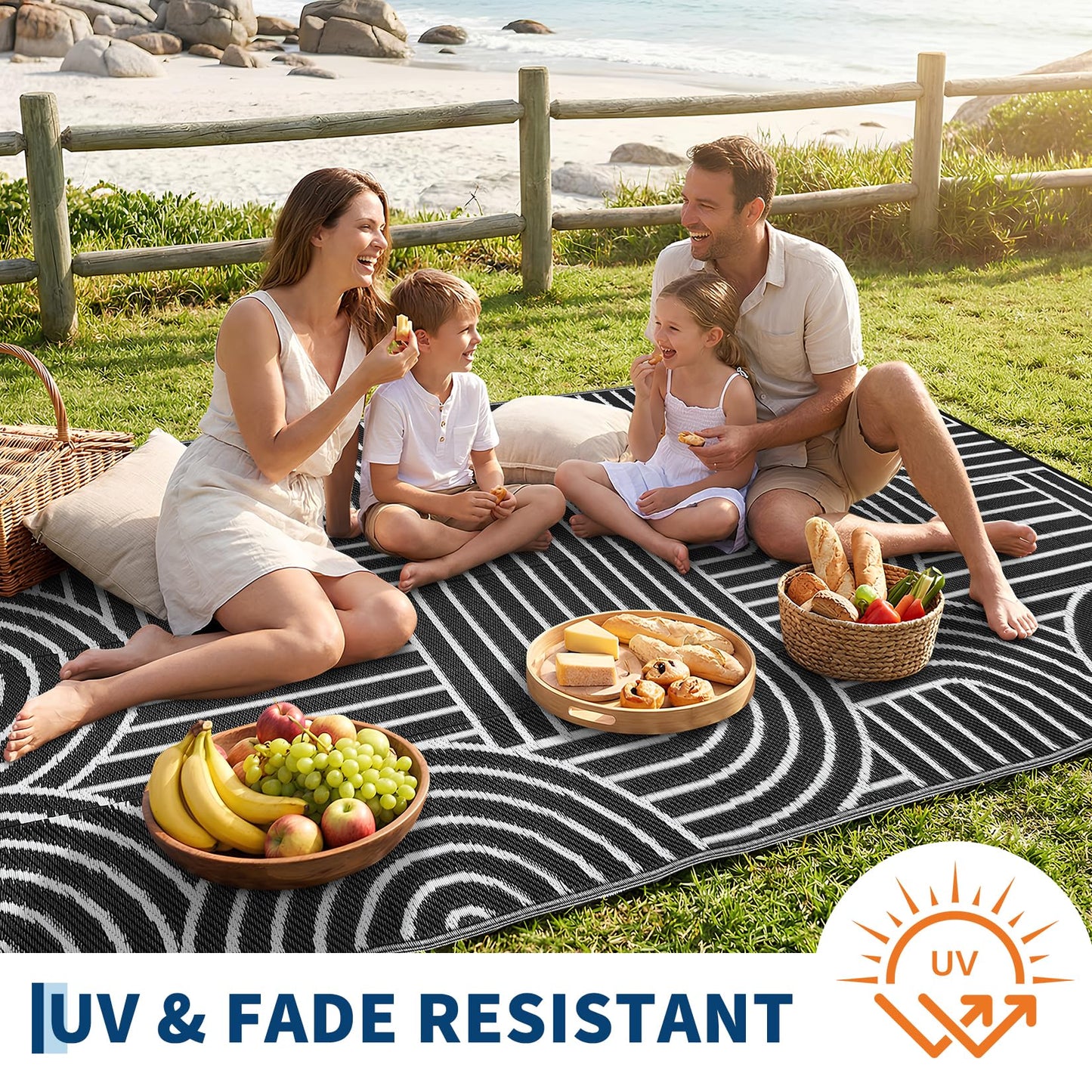 Garvee Reversible Rainbow Outdoor Rug 8x10, Waterproof Outdoor Plastic Straw Rug, RV Mat for Picnics, Patio, Camping, Balcony, Deck, Backyard, Porch, Black