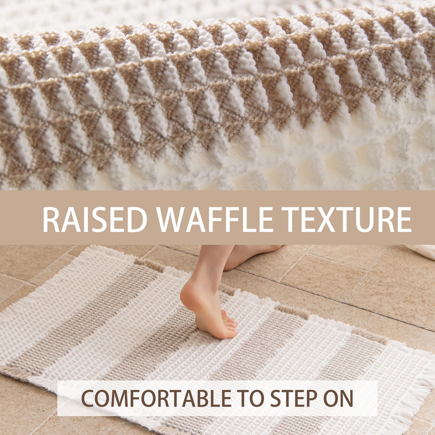 KaviKon Waffle Bath Mat Non Slip, Boho Bathroom Rug, Super Absorbent Quick Dry Bathroom Mat, Soft Farmhouse Bath Rug with Tassels, Small Washable Shower Mats for Floor 16"x24", White and Taupe