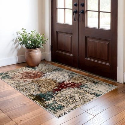 BYYVOO Washable 3x5 Area Rugs - Abstract Living Room Rus Low Pile Area Rug for Bedroom Soft Water Resistant Non Slip Modern Floor Area Rugs for Entry Dinning Room 3x5 Red Green Multi