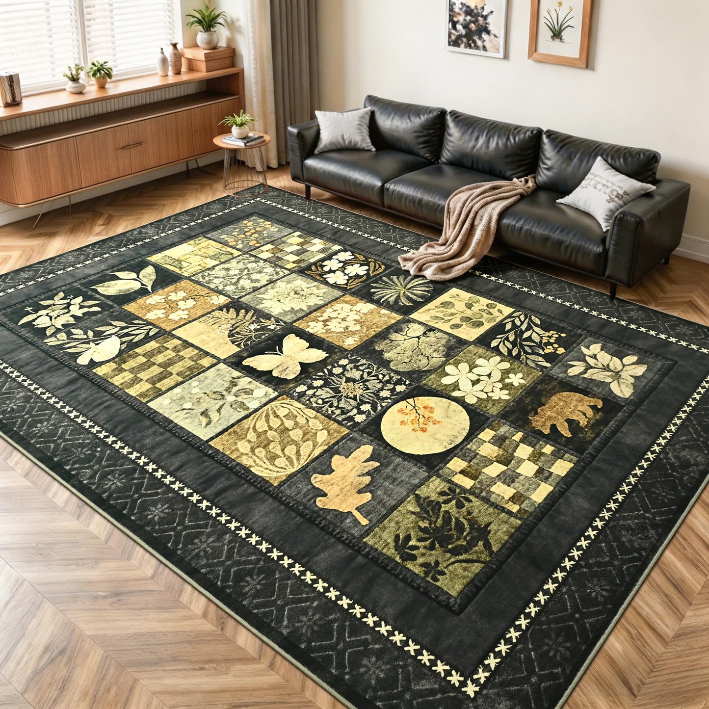 Tepook 4x6 Area Rugs for Living Room, Modern Large Geometric Rug for Bedroom, Washable Patchwork Rug Indoor Non Slip Throw Carpets for Dining Room Office Farmhouse Home Decor, Dark Grey