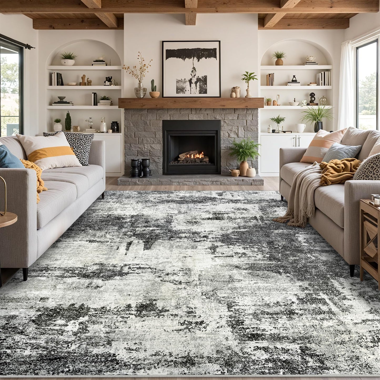 8x10 Area Rugs for Living Room: Abstract Washable Rug with Anti-Slip Backing Non-Shedding Stain-Resistant Soft Modern Large Carpet for Bedroom Dining Room Farmhouse Nursery Home Office Black