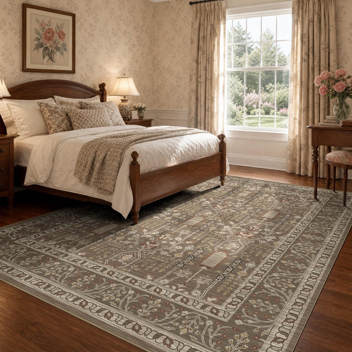 Deerly 5x7 Area Rugs Living Room, Low Pile Ultra Soft Rugs with Non-Slip Backing Machine Washable Vinatge Boho Carpet for Bedroom Playroom Nurseryroom, Kid & Pet Friendly Print Floor Brown Rug 5x7ft