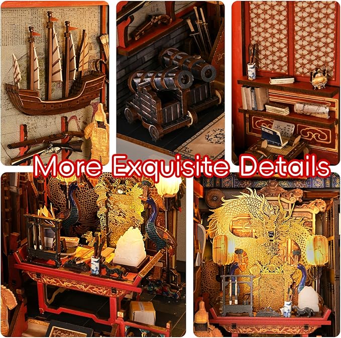 Book Nook Kit DIY Dollhouse Booknook Book Nook Miniature Kit for Bookshelf Insert Decor Crafts for Adults Teen Halloween 3D Wooden Puzzle with Led Light (The Emperor's Study)