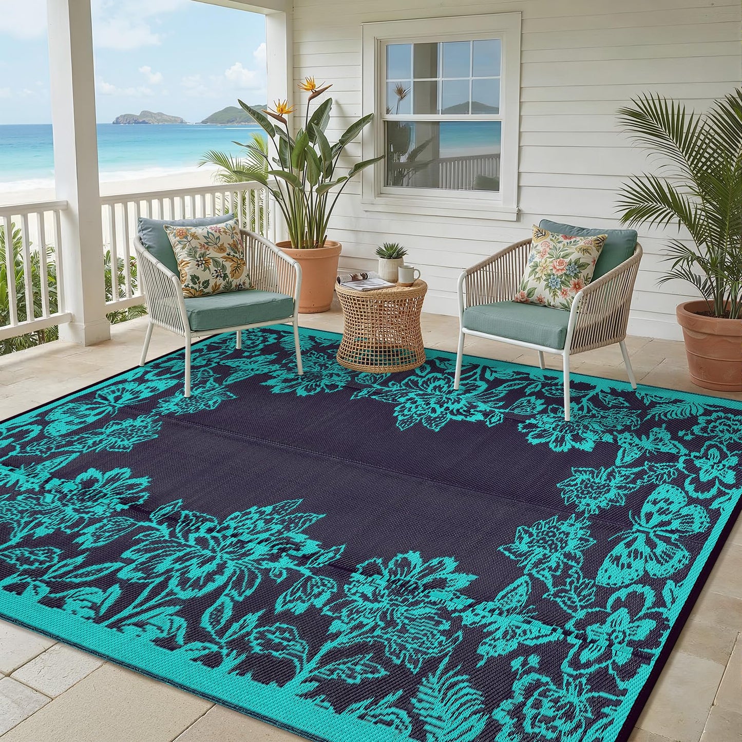 Garvee 5’x8’ Waterproof Patio Outdoor Rug, Outdoor Plastic Straw Rug for Camping, RV Mat Outside, Indoor Outdoor Carpet for Porch, Deck, Backyard, Balcony, Picnic, Dark Blue & Teal