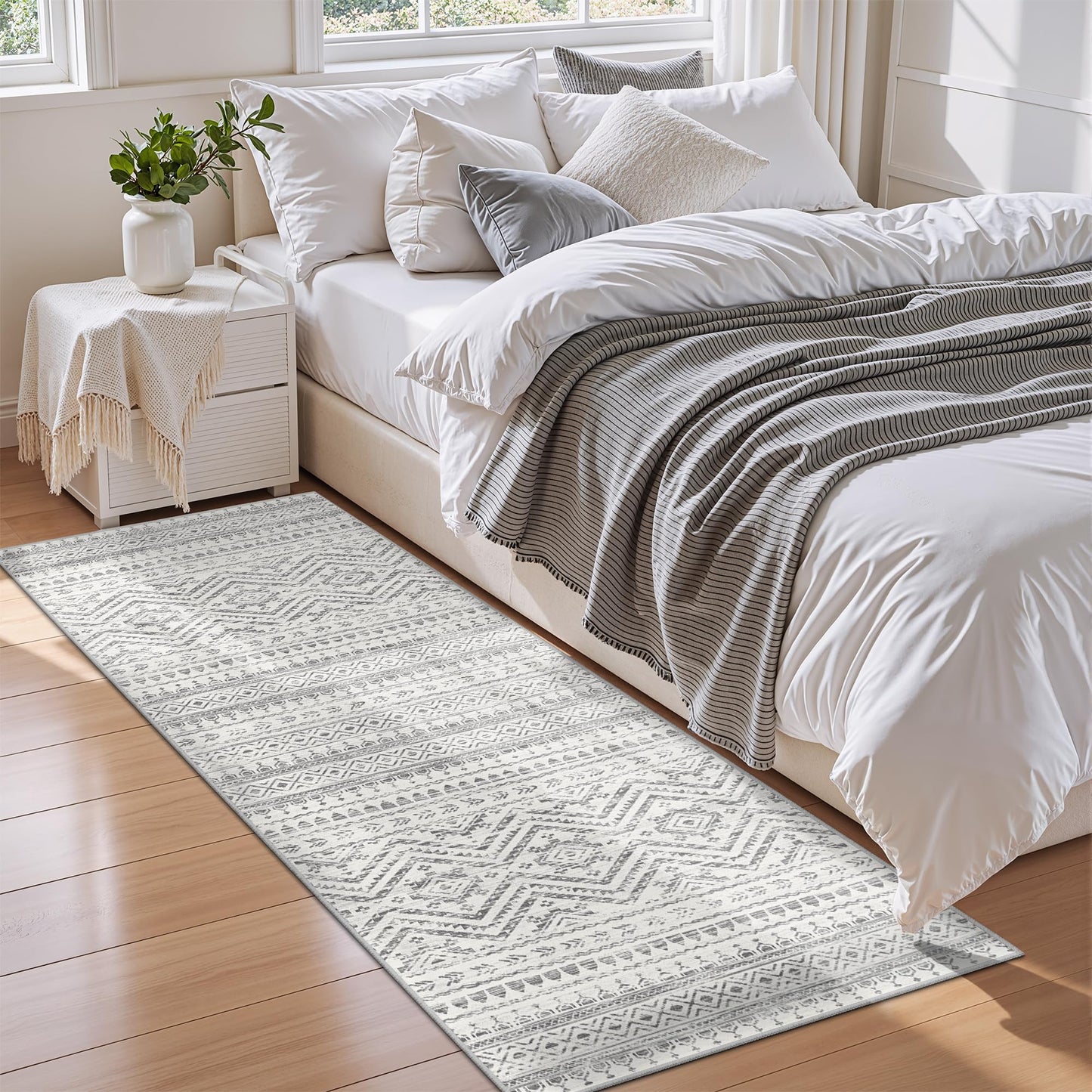 Miukiki 2x6 Hallway Runner Rug Moroccan Washable Kitchen Rug Non Slip Indoor Floor Kitchen Runner Rug Foldable Carpet for Bathroom Laundry Room with Low Pile(Grey,2'x6')