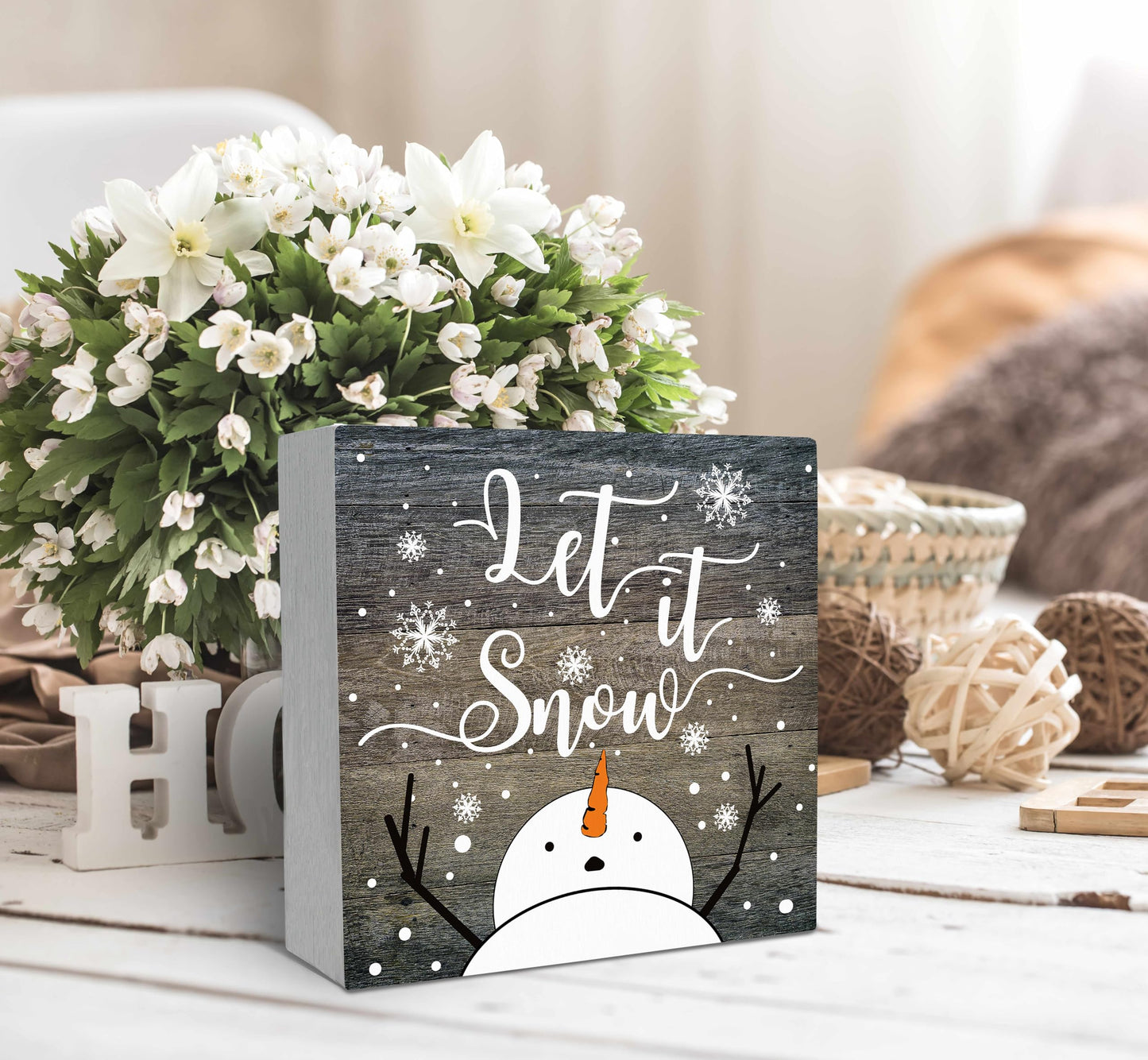 SRADMO Let It Snow Christmas Wooden Sign Desk Decor, Snowman Christmas Decor, Rustic Winter Snowflake Wood Block Signs for Home Office Xmas Party Holiday Desk Table Shelf Decorations, 5x5 Inches