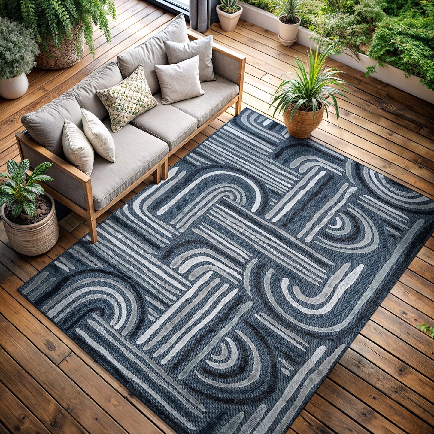 CAMILSON Indoor Outdoor Rug, Navy Blue 8x10 Geometric Arch Striped Area Rugs for Patio and Home Areas, Easy-Cleaning Non-Shedding Living Room, Garden and Deck Washable Outside Carpet (8 x 10)