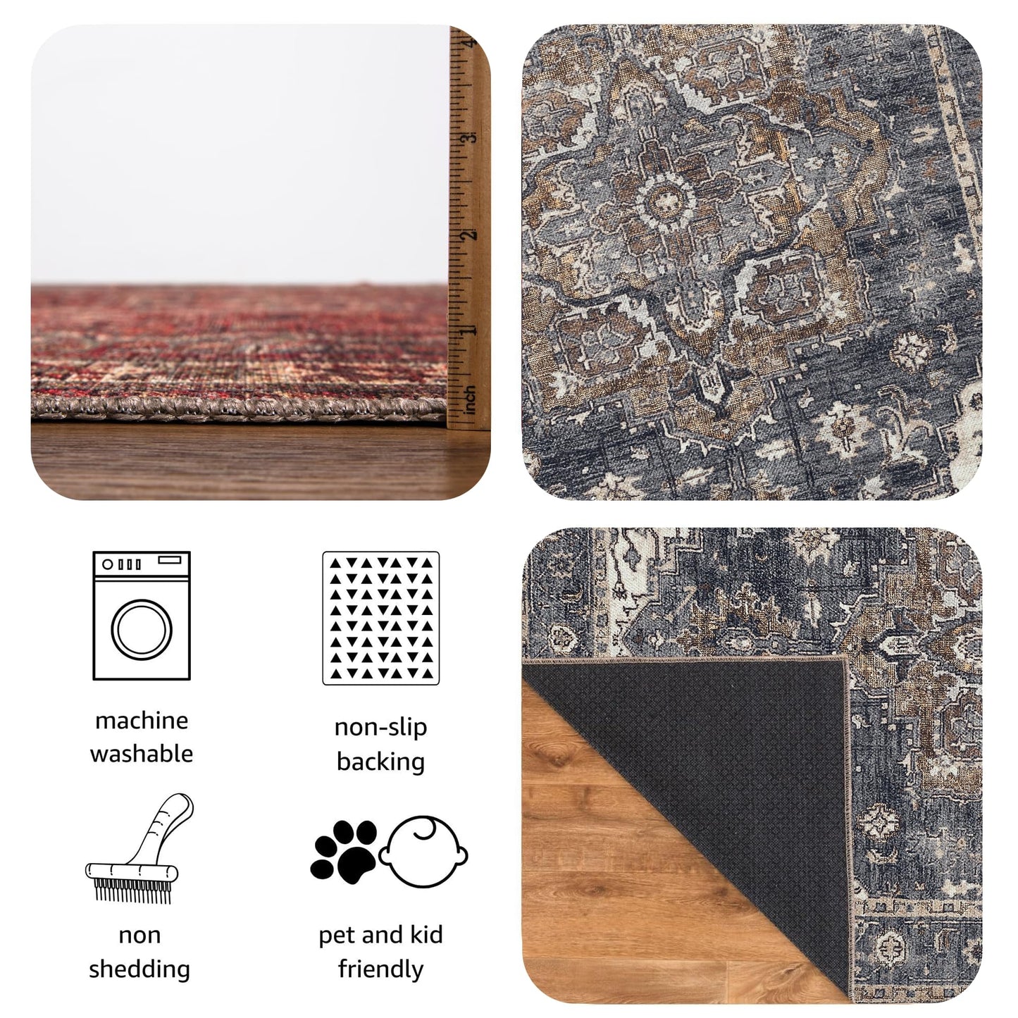 Keen Home Design 6x9 Rug - Machine Washable Area Rug with Non-Slip Backing, Ideal for Living Room, Dining Room, Bedroom - Vintage, Easy Clean, Durable, Low Pile Rug - (6' x 9')