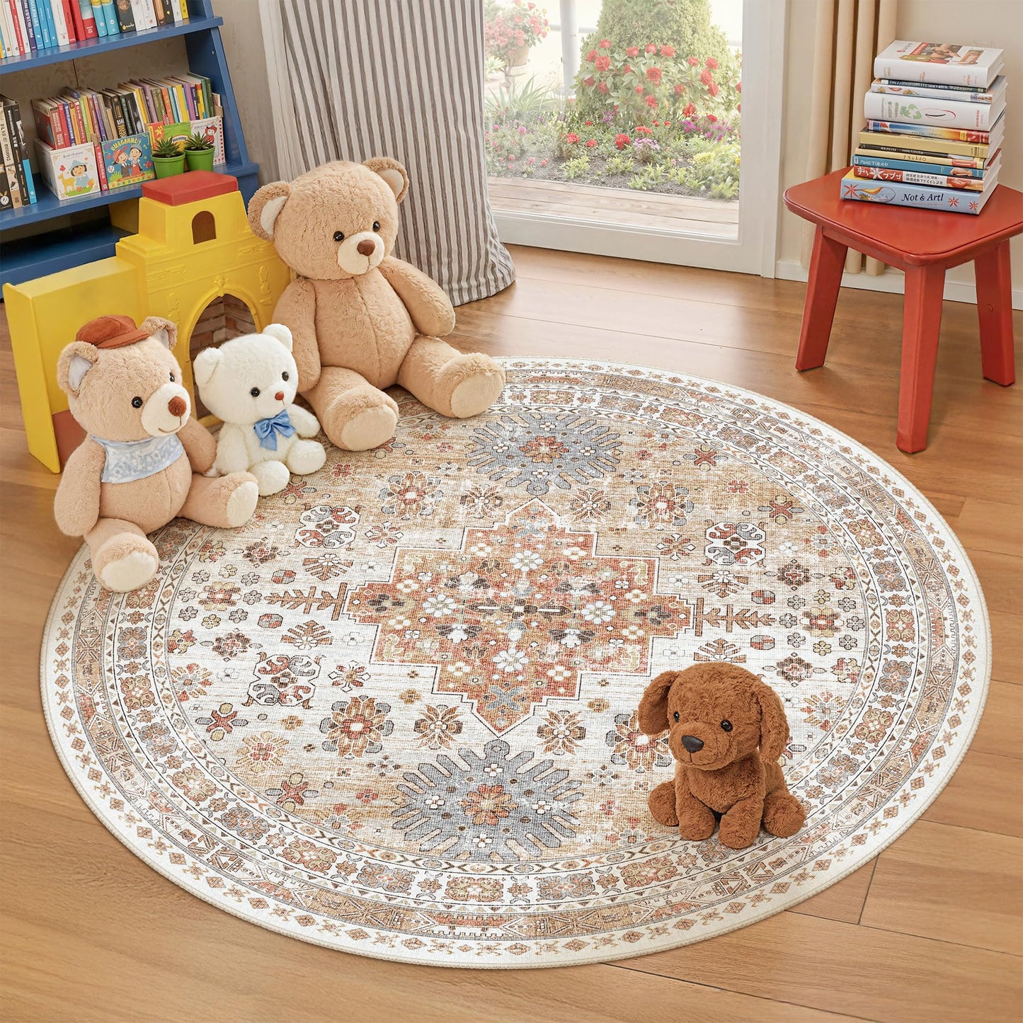 zesthome Washable Round Area Rugs - Non-Slip 6ft Round Rugs, Ultra-Thin Large Circle Rugs for Living Room, Soft Low Pile Rug for Bedroom, Kitchen, Nursery - Vintage Stain Resistant Round Rug