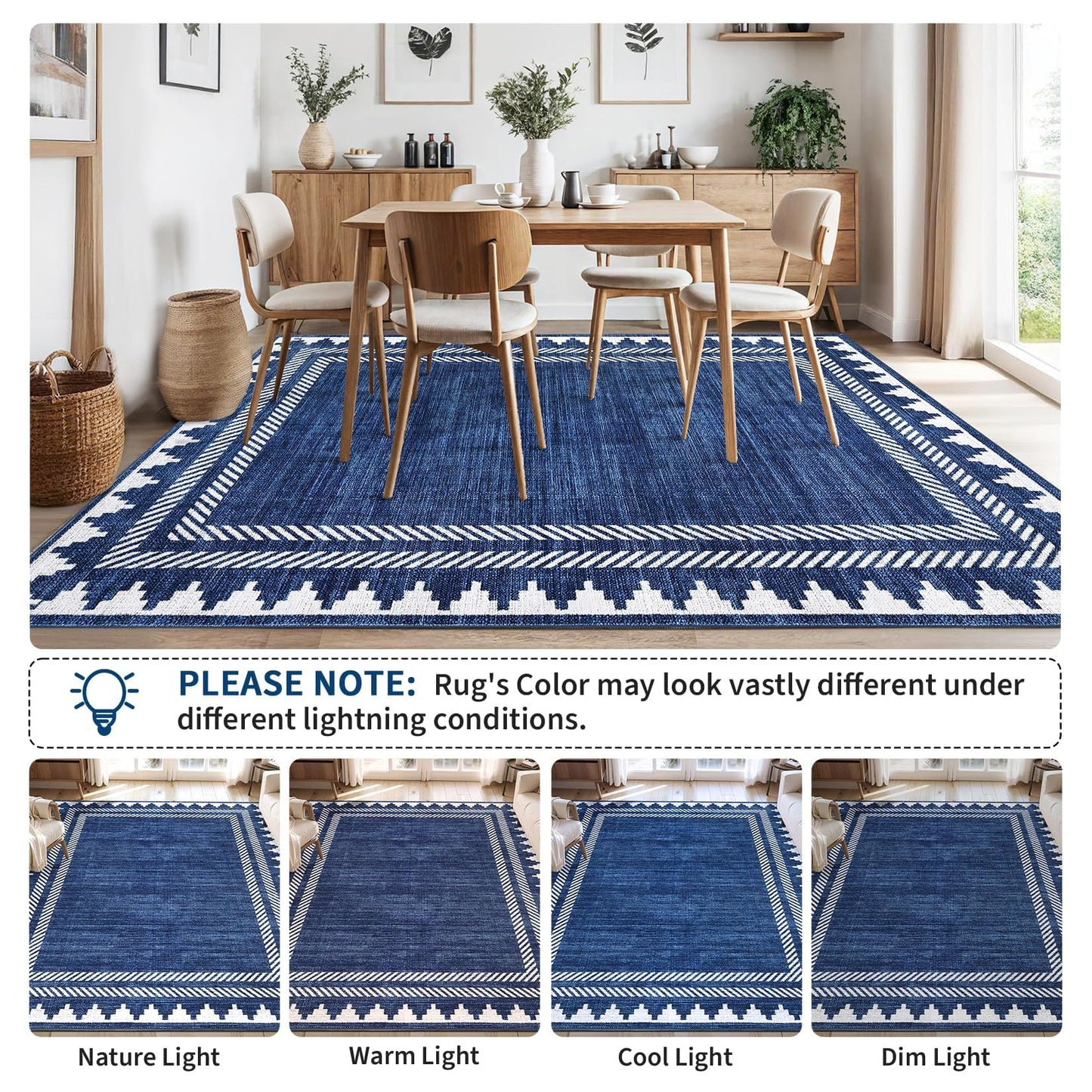Garvee Washable 9x12 Area Rug Modern Solid Living Room Rug, Large Bordered Rugs for Bedroom Neutral Carpet 9 x 12 Rugs for Farmhouse Dining Room Non-Slip Stain Resistant Under Table Blue Rug