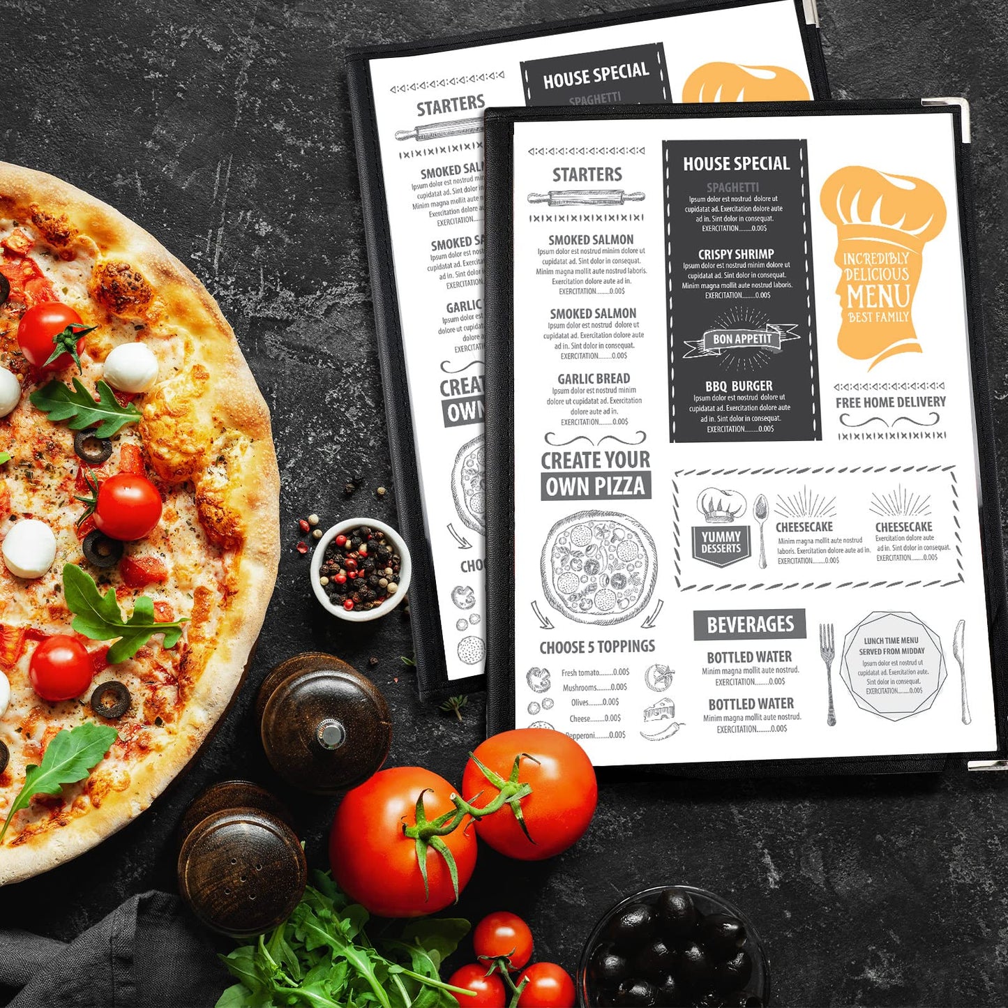 Henoyso 20 Pcs 8.5 x 11 Inch Menu Covers 4 Page 8 View Transparent Restaurant Covers Book Fits A4 Size Paper, Bar Cafe Clear Menu Holder Folder with Leatherette Trim and Decorative Corners, Black